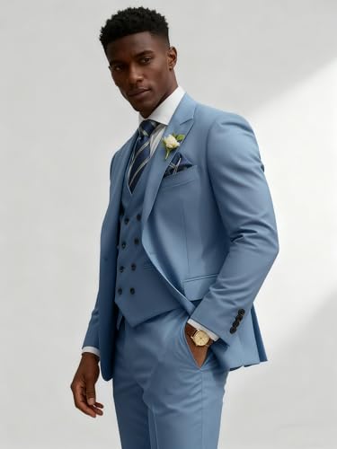 TIJOFA Dusty Blue Suits for Men 3 Piece Suit Slim Fit Double Breasted Men's Dusty Blue Tuxedo Elegant Classic Fit Wedding Formal Business Prom Party Tuxedo Classic Groom Dinner Casual XS