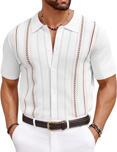 COOFANDY Mens Beach Shirts Cuban Crochet Shirt Short Sleeve Button Down Shirts Trendy Old Money Clothes Bowling Shirts Off White XL