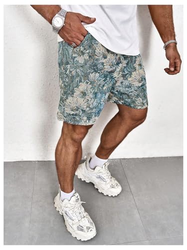 GORGLITTER Men's Floral Embroidery Drawstring Shorts Graphic Paisley Casual Gym Shorts Blue Medium