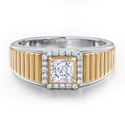 Gem Stone King Princess Cut Ring For Men | 925 Silver and 10K Yellow Gold | 5MM Princess Cut Gemstone Birthstone and 1.2MM Round White Lab Grown Diamond | Available in Size 7-13