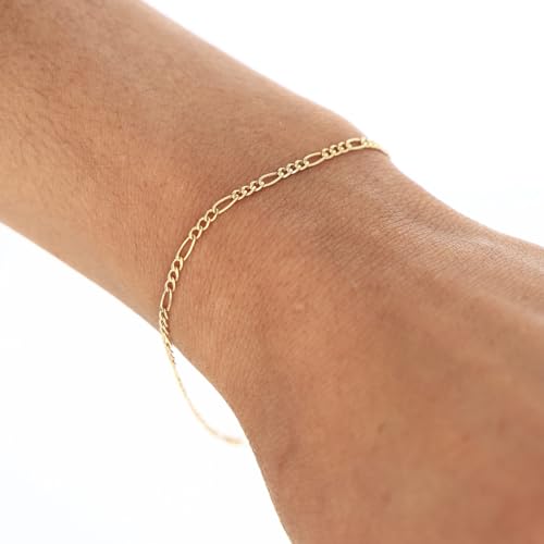Nuragold 10K Real Yellow Gold Figaro Link Chain Bracelet for Men & Women - 9",2mm