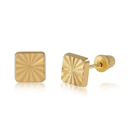 Real 14k and 10K solid Yellow Gold Tiny Stud Earrings with Screw back for Women And Men for Sensitive ears Small & Minimalist Studs Jewelry for Gifts(Diamond Cut Square earrings)
