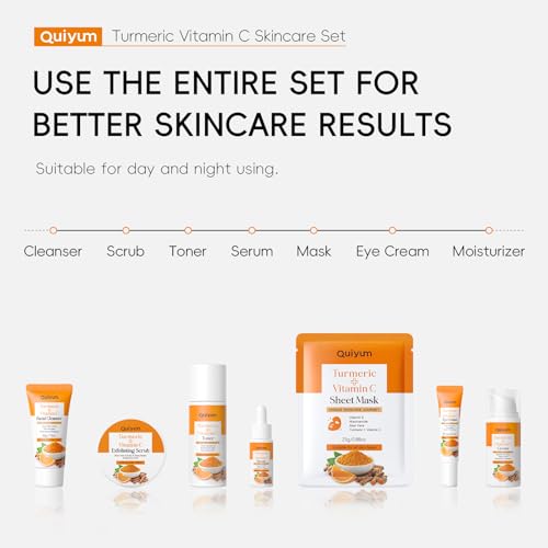 QUIYUM Turmeric Vit-C Skin Care Set, 7PCS Facial Skincare Routine for Women
