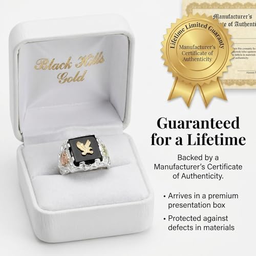 Men's Onyx Eagle Ring, 10k Yellow Gold, Sterling Silver, 12k Green and Rose Black Hills Gold Size 9.25