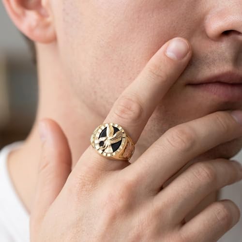 Men's Eagle Ring with Oval Onyx, 10k Yellow Gold, 12k Green and Rose Black Hills Gold Size 10.5