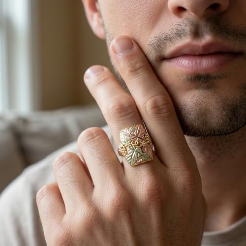 Men's Square with Leaves Ring, 10k Yellow Gold, 12k Green and Roe Gold Black Hill Gold Size 12