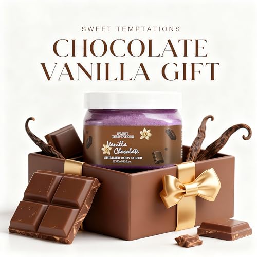 Sweet Shimmer Body Scrub - Exfoliate & Glow for Soft, Radiant Skin - 12 oz / 355ml with Jojoba Oil & Vitamin E for All Skin Types (Vanilla Chocolate)