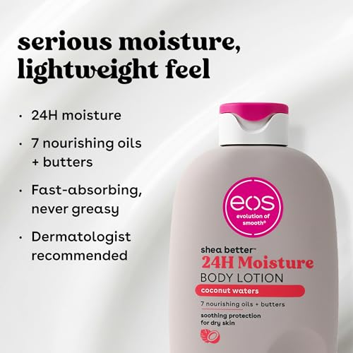 eos Shea Better Body Lotion Coconut Waters, 24-Hour Moisture Skin Care, Lightweight & Non-Greasy, Natural Shea, Vegan, Coconut Body Lotion, 16 fl oz