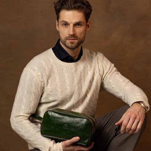 Time Resistance Leather Cosmetic Bag - Italian Toiletry Dopp Kit (Green)