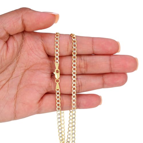 Nuragold 10k Real Yellow Gold Cuban Curb 3.5mm Pave Dia-Cut Chain Necklace - 24"