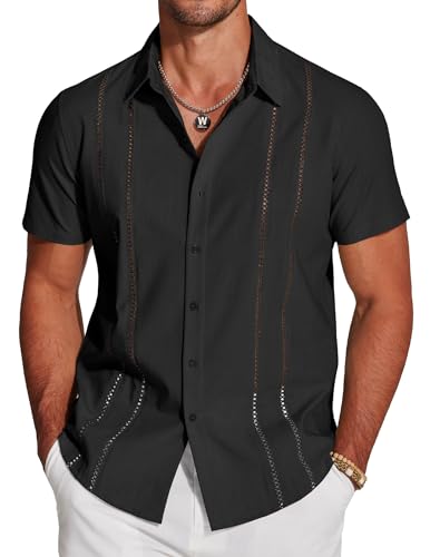 COOFANDY Men's Casual Dress Shirt Solid Short Sleeve Button Up Summer Shirts Cuban Shirt Black