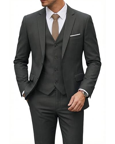 YND Men's 3 Piece Suit Set with Tie, 2 Button Slim Fit Solid Blazer Jacket Vest Pants, Business Wedding Party Suits for Men, Deep Grey