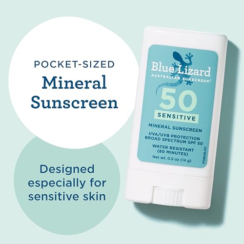 BLUE LIZARD Sensitive Mineral Sunscreen Stick with Zinc Oxide, SPF 50+, Water Resistant, UVA UVB Protection Easy to Apply, Fragrance Free, 0.5 Oz