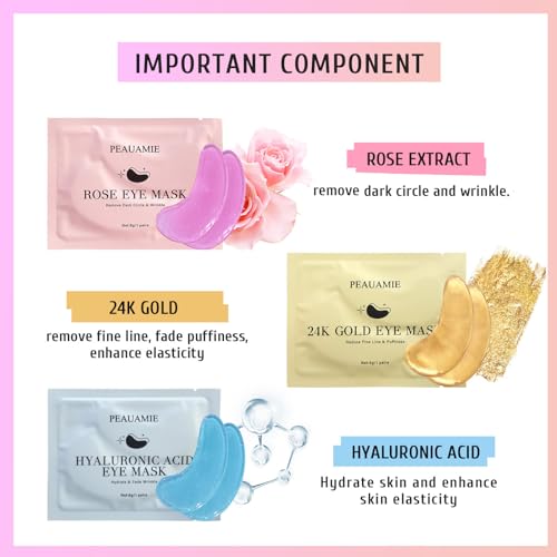 PEAUAMIE Under Eye Patches Gold and Hyaluronic Acid for puffy eyes,Rose Eye Masks for Dark Circles and Puffiness skin care Smooth Wrinkles products 30 Pairs