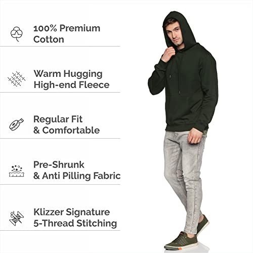 Klizzer Luxury Men's 100% Cotton Pullover Hoodie, Fleece Heavyweight Hooded Sweatshirt With Front Pocket (Forest Green, L)