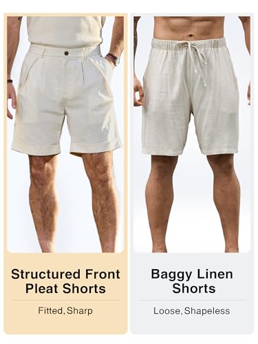 JEMLDL Men's Cotton Linen Shorts 7 Inch Inseam Casual Pleated Summer Vacation Resort Beach Elastic Waist Lightweight Shorts with Pockets Beige X-Large