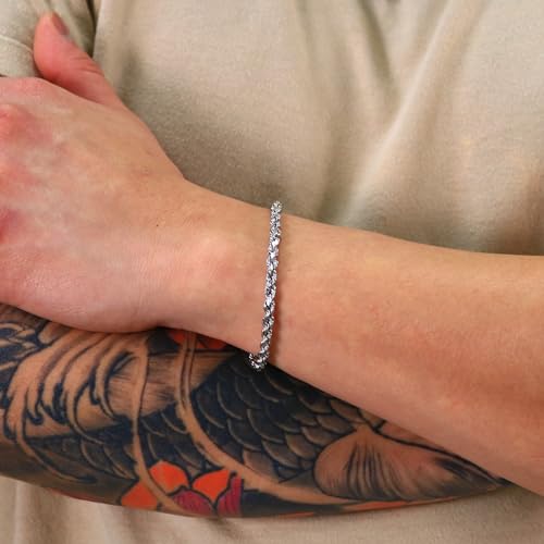 Nuragold 10k Real White Gold 4mm Rope Chain Diamond Cut Bracelet (7"-9") - 7.5"