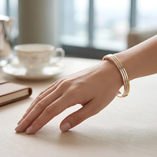 Floreo 14k Tri-Color Gold 7.3mm Triple Layered Bangle Bracelet, 7 Inch