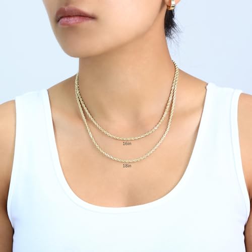 Nuragold 14k Real Yellow Gold Rope Chain Solid Diamond Cut Necklace - 3mm - 16"