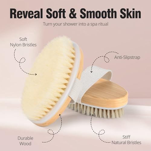 2 Pack Dry Brushing Body Brush, Natural and Soft Bristle Shower Brush for Body Cleaning, Exfoliating Bath Brush for Lymphatic Drainage Improve Circulation, Body Exfoliator Scrubber for Women Men