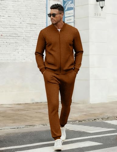 UOUA Men's Tracksuit 2 Piece Sets Jogging Suit Casual Running Sweatsuit with Full Zip Athletic Jackets and Pants Sports Outfits Brown M