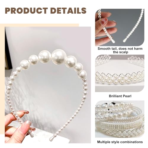 YONOY Pearl Headbands for Women, White Faux Pearl Hair Accessories, Dainty Bling Hairbands, 6 Pack, Perfect for Wedding Events