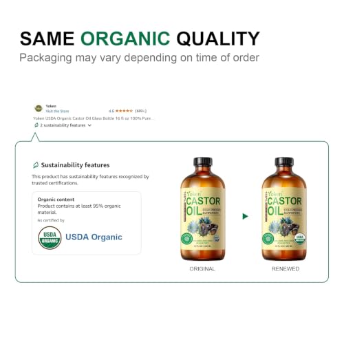 Yoken EWG Organic Castor Oil 16oz Cold Pressed Hexane Free for Hair Skin