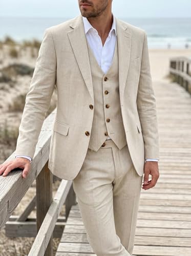 Mens 3 Piece Suits Linen Classic Fit Beige Tuxedo Suit for Wedding Lightweight Formal Business Blazer Jacket and Pants M