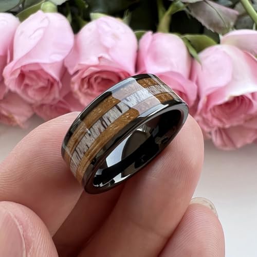 TUTISS 8mm Black Tungsten Rings for Men Women Wedding Bands Whisky Barrel Wood Deer Antler Inlay Flat Polished Comfort Fit Size 9.5