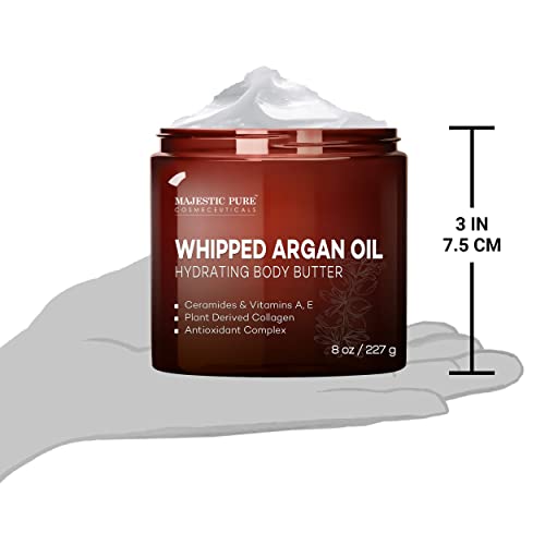 MAJESTIC PURE Whipped Argan Oil Body Butter for Women & Men - With Ceramides, Vitamin E & A & Vegan Collagen - For Skin, Face, & Appearance of Wrinkles & Fine Lines - 8oz