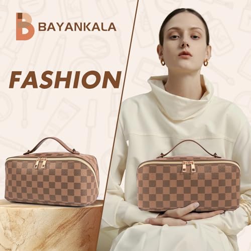 BAYANKALA Leather Travel Makeup Bag, Large Capacity Cosmetic Bag for Women, Waterproof Portable Pouch with Divider, Toiletry Organizer with Handle, 10.5x5x5 Inches, Deep Brown