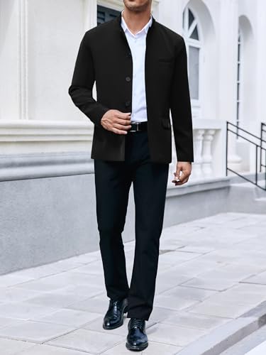 Mens Casual Suit Blazer Jackets Stand Mandarin Collar Lightweight Lined Sport Coats Business Coats (US, Alpha, Large, Regular, Regular, Black)