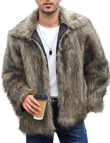Flygo Mens Faux Fur Coat Winter Jackets Fluffy Lapel Long Sleeve Furry Fur Jacket Coats Thick Outerwear(Khaki-XL)