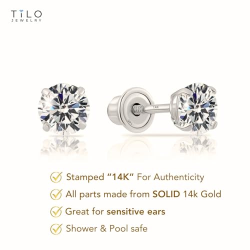 14k White Gold Solitaire Round Cubic Zirconia Stud Earrings Screw-back 4mm