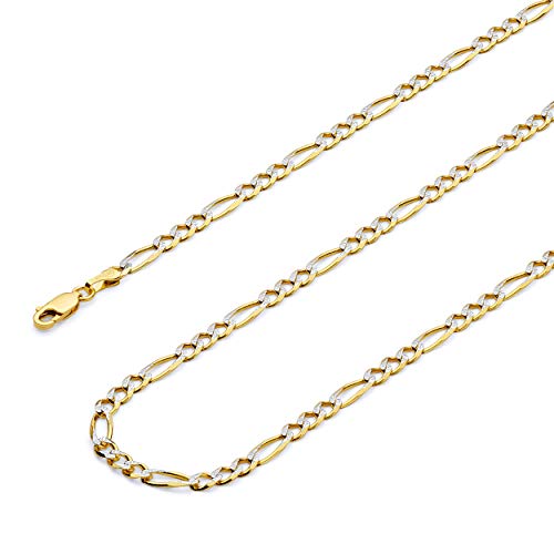 14k REAL Two Tone Gold Solid Men's 4.5mm Figaro White Pave Chain Bracelet with Lobster Claw Clasp - 7.5"