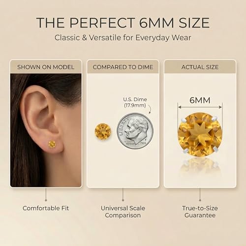 10K White Gold Round Citrine Stud Earrings for Women with Push Backs | 6mm Yellow November Birthstone Earrings | Solid Real 10 Karat Gold Gemstone Earrings for Women by MAX + STONE