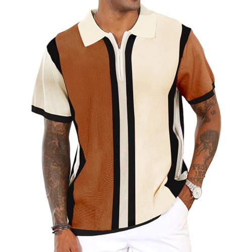 Men's Fashion Knit Polo Shirts Vintage Striped Knitting Shirts Ribbed Slim Fit Golf Shirts Deep Apricot
