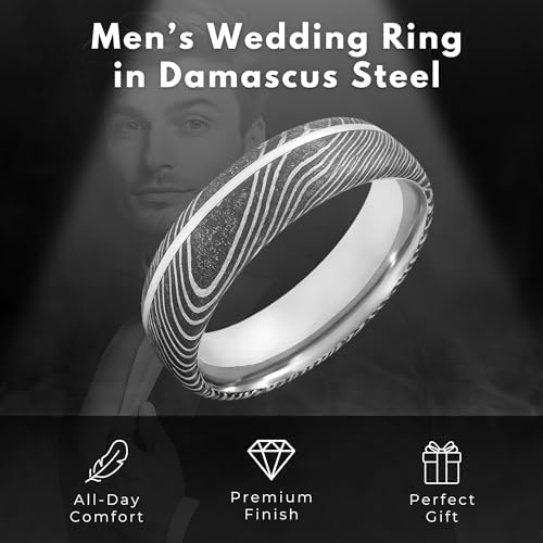 6mm Damascus Steel Men’s Wedding Band with 14K White Gold Inlay – Comfort Fit Ring – Textured Black Grain – Unique Handmade Look (15)