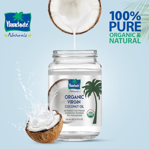 "Parachute Naturalz Organic Virgin Coconut Oil | Cooking Oil, Hair Oil, Body Oil & Oil Pulling | Cold Pressed | Unbleached | Unrefined | Non-Hydrogenated | MCT Oil | USDA Certified |6.7 Fl. Oz. | Glass Jar"