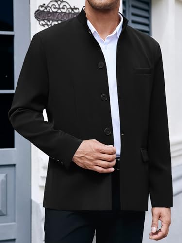 Mens Casual Suit Blazer Jackets Stand Mandarin Collar Lightweight Lined Sport Coats Business Coats (US, Alpha, Large, Regular, Regular, Black)