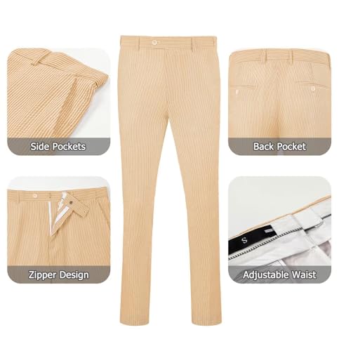 Seersucker Slim Suits Men Formal Summer Beach Wedding Grooms 2 Piece Blazer Pants Party Striped Suit Orange S