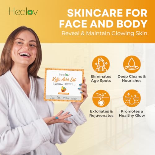 Kojic Acid Skincare Set – Kojic Soap Cleanser, Exfoliating Body Scrub, Face Cream & Brightening Facial Serum – Skin Brightening Hyperpigmentation Treatment, Dark Spot Corrector – with Turmeric Papaya