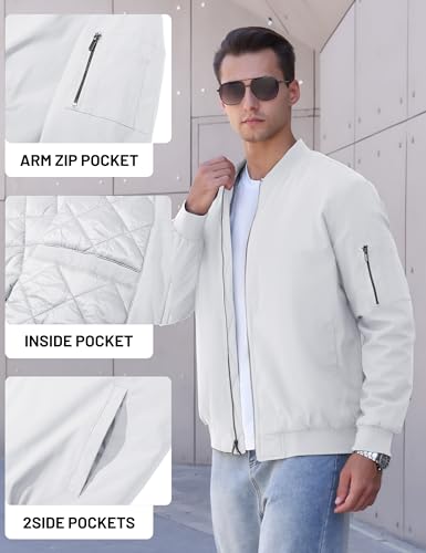 TACVASEN Mens Bomber Jackets Winter Men's Water Resistant Jacket and Coat Mens Casual Windbreaker Jacket Men's Coats White