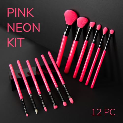MODA Neon Pink Makeup Brush Set, 12pc Colorful Face & Eye Brushes, Vegan