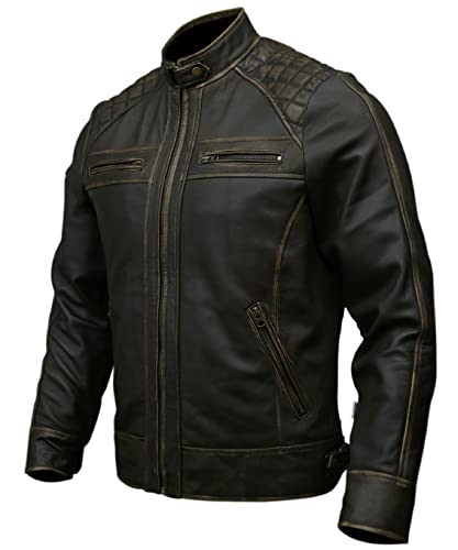 Mens Genuine Leather Biker Jacket Black | Vintage Brown Distressed Lambskin Motorcycle Jackets for Men (Distressed Brown, X-Large)