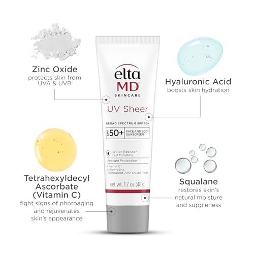 EltaMD UV Sheer Face and Body Sunscreen with Zinc Oxide, SPF 50+, 1.7 oz