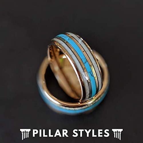 Rustic Deer Antler Rings for Men Tungsten Rustic 18K Rose Gold Ring Mens Wedding Band with Turquoise Inlay 8mm Unique Nature Inspired Outdoorsman Anniversary Gifts for Him