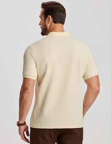 JMIERR Men's Business Casual Polo Shirt Jacquard Textured Golf Polos Quiet Luxury T Shirt, US40(M), Beige