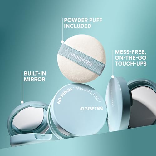 innisfree No Sebum Mineral Pact | Korean Pressed Setting Powder Compact | Transluscent Oil and Shine Control | Smooth, Mess - Free Applications | Includes Mirror & Powder Puff