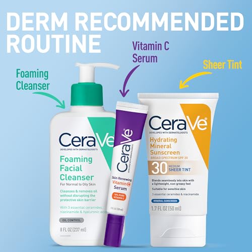 CeraVe Tinted Sunscreen for Face, Mineral SPF 30 Moisturizer, Medium, 1.7oz